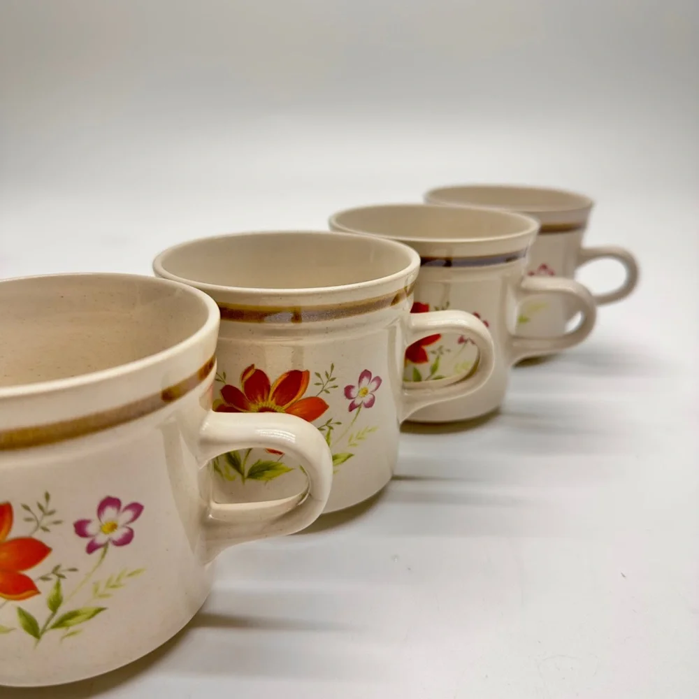 Mikasa Cream and Orange Floral Coffee Cups / Mugs Set of 4 Stonecraft KA103 - Picture 2 of 8
